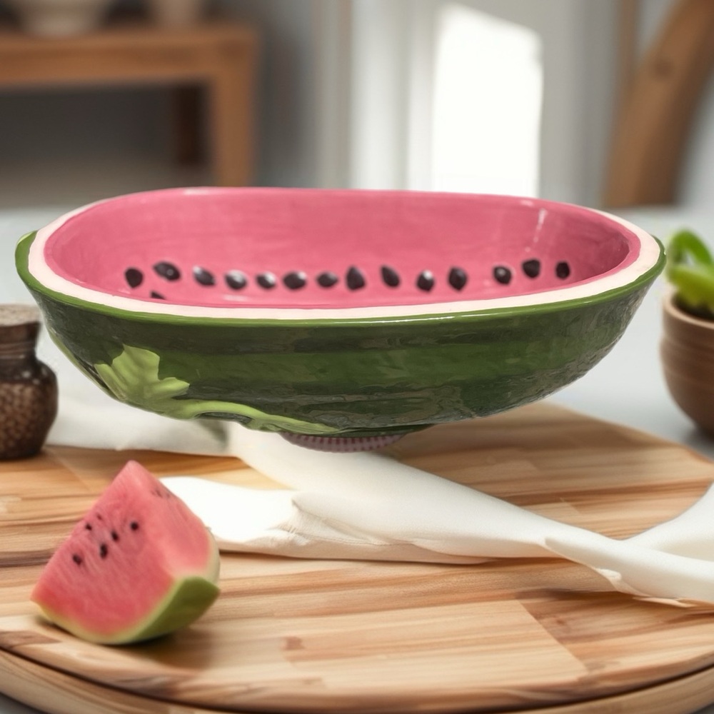 Mid-Century Americana Folk Art‎ Ceramic Watermelon Serving Bowl